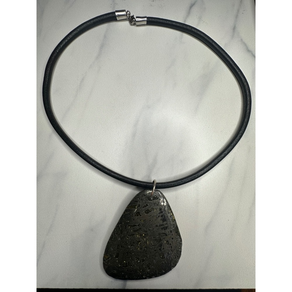 Pyrite Slab Pendant Necklace Black Leather Cord Sterling Silver 925 Clasp 18"